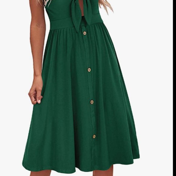 VOTEPRETTY Summer Floral Green Sundress V Neck Tie Front with Pockets - Picture 2 of 2